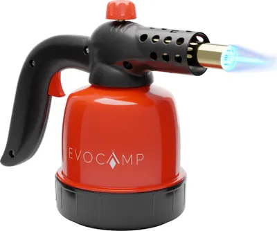 A red and black butane torch with a blue flame.