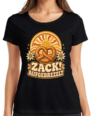 Productafbeelding van Zack! Broodje met worst, Edelweiß, Beierse traditionele kleding, dames T-shirt, zwart, maat XL