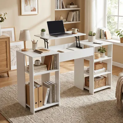 Produktbild von Schreibtisch mit höhenverstellbarer Arbeitsplatte Weiß 140x50x75cm aus MDF, seitliche Ablagefächer, Steh-Schreibtisch für Homeoffice