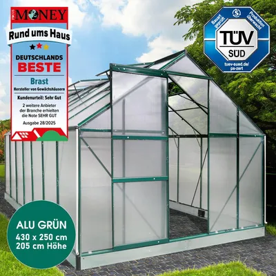 A greenhouse with promotional badges and text overlays.