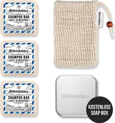 Produktbild von Störtebekker® Duschset - 3 x festes Shampoo (Anti Schuppen), Sisalsäckchen und GRATIS Seifendose - für die tägliche Pflege - Haar, Körper & Gesicht