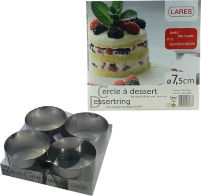 Produktbild von LARES Tortenringe/Dessertringe - 4er Set - inkl. Ausdrückelement - ca. 7,5cm - Edelstahl - spülmaschinenfest