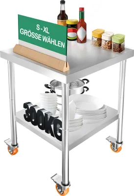 A stainless steel work table with wheels, displaying various kitchen items and a sign.