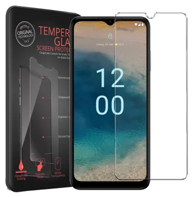 A product shot of a phone screen protector packaging and the screen protector itself, with a phone displaying the time.