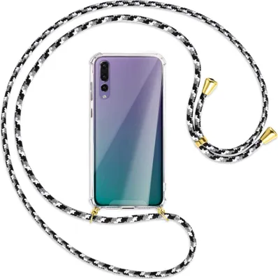 Produktbild von Handykette Backcover-Schutzhülle mit Band (Metall goldfarben) für Huawei P20 Pro - schwarz/grau/weiß