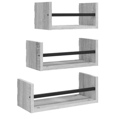 Produktbild von vidaXL 3-tlg. Wandregal-Set mit Stangen Grau Sonoma Holzwerkstoff