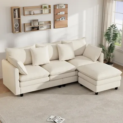 Produktbild von STILVORA Ecksofa mit Chaiselongue und 4 Zierkissen, Wohnzimmersofa mit 3 Rückenlehnen, 3-Sitzer Sofa für Wohnung und Büro, Beige