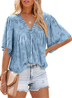 Image de ASKSA Femme Mousseline Blouse 3/4 manches cloche Tunique d'été Boutons Chemise Tops Babydoll Hauts en vrac, Bleu, M