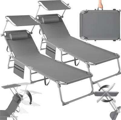 Two gray foldable sun loungers with canopies and side pockets, shown on a white background. A folded lounger in a carrying case is also shown.
