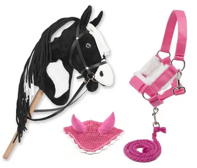 Productafbeelding van Hobby Horse set, zwart paard met roze hoofdstel, longeerlijn en bitje - Formaat A3