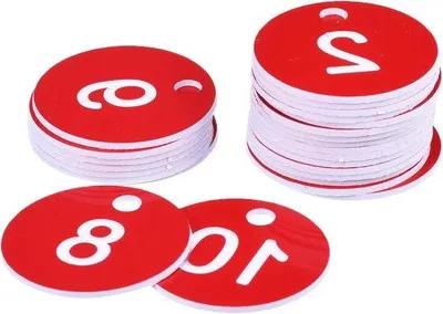 Produktbild von Set aus 25 runden Acrylschlüsselhaken mit gravierten roten ID-Tags für Dekoration - Nummernschilder - Schlüsselhaken - Dekoration.