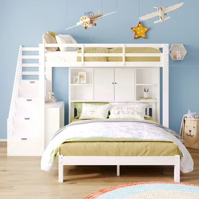 A child's bedroom with a white loft bed, decorated with airplane models and a star.