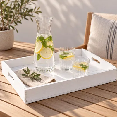 Produktbild von Serviertablett in weiß 60x40x8cm Holztablett Frühstückstablet Bartablett