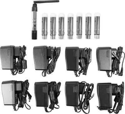 Zdjęcie produktu dla Zestaw radiowy DMX512 – nadajnik i odbiorniki – 1 nadajnik + 7 odbiorników – 2,4 GHz – zasięg 400 m – stop cynku – kolor czarny
