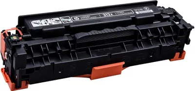 A black and orange HP toner cartridge is shown against a white background.