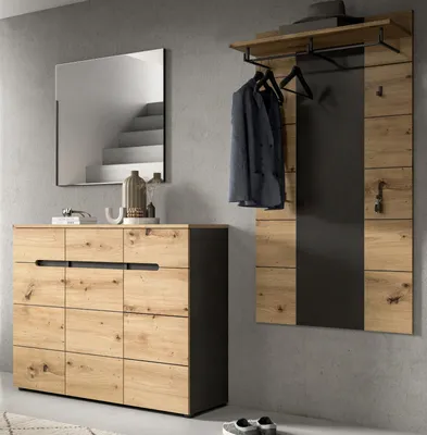 Produktbild von Garderobe Set 3-teilig "Cooper" in Artisan Eiche und grau 215 cm, Soft-Close