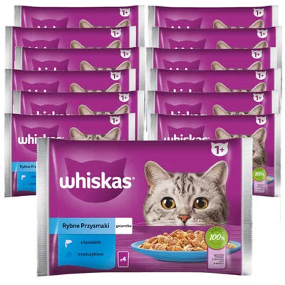 Produktbild von WHISKAS Mahlzeit für Katzen Nassfutter in Gelee Fisch-Auswahl mit Lachs und Thunfisch, 52 Portionsbeutel, 13x4x85g