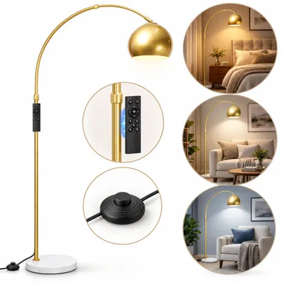 Image de Lampe sur pied moderne en forme d'arche, dorée, en métal. Abat-jour réglable, base en marbre, avec télécommande, variateur d'intensité (3000-6500K), idéale pour un salon