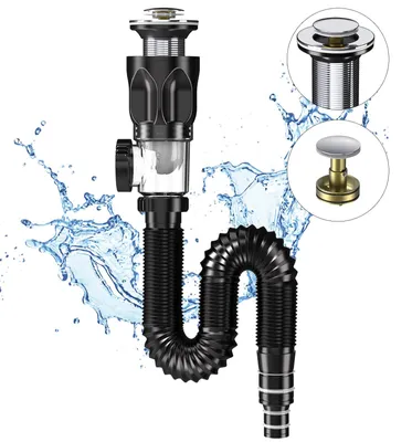 Produktbild von Abflussrohrset für Spülbeckenabflüsse, Siphon, geruchsdichtes Abflussset mit flexiblem Abflussschlauch und Pop-up-Filter, Abflussstopfen, ausziehbar von 300 bis 1000 mm.