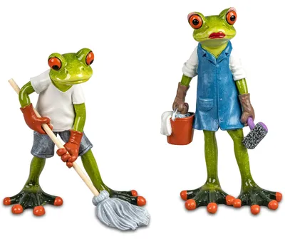 Image de Lot de 2 grenouilles rigolotes « Nettoyage domestique » 16 cm Figurine Paire de grenouilles Décoration Femme de ménage Homme de ménage