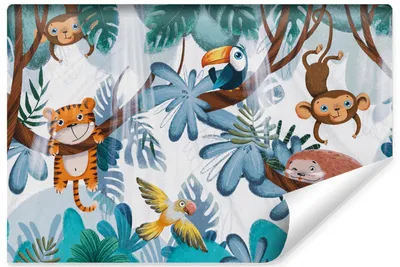Produktbild von Muralo Selbstklebende Fototapete für Kinder wilde TIERE tropische Blätter Pflanzen Natur Br. 368cm x Hö. 254cm