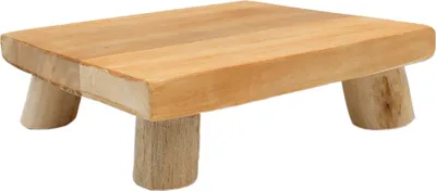 A small wooden stool with four legs, presented against a white background.