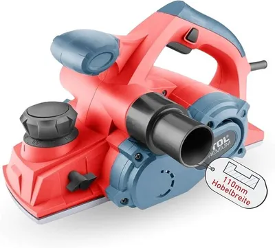 Immagine prodotto di Pialetta elettrica da 1000W. Pialla elettrica con larghezza di taglio di 110 mm e profondità massima di taglio di 3 mm. Pialla elettrica con sistema di aspirazione della polvere. Pialla elettrica portatile con supporto. Pialla manuale elettrica