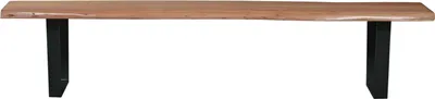 A wooden bench with black metal legs against a white background.