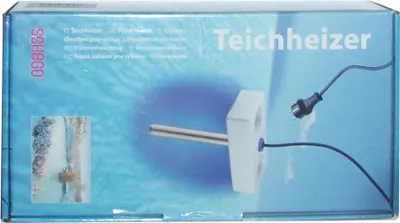 The image shows the packaging for a SCHEGO Teichheizer 300 W, which is a pond heater. The packaging features a graphic of the heater in water and text in multiple languages.