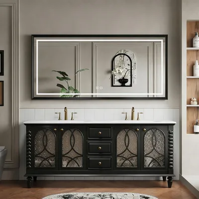 Produktbild von Badmöbel-Set mit Sinterstein Waschbecken und Spiegel, Badezimmer Set, Waschtisch mit Unterschrank, Waschtischkombination Schwarz 130×55 cm /SCJZHEI/