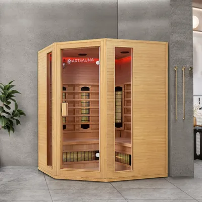 Produktbild von Artsauna Eck-Infrarotkabine Nyborg E150V - Infrarotsauna 150x150 cm Vollspektrumstrahler für 4 Personen - LED-Farblicht - Wärmekabine aus Hemlockholz