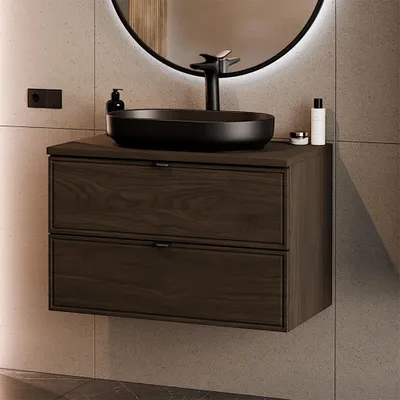 Produktbild von Badezimmer Waschtisch mit 80 cm Breite in Walnuss, 2 Schubladen & Keramik-Aufsatzbecken - TEMUCO-56-WALNUT