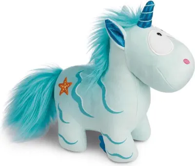 A plush toy unicorn standing on a white background.