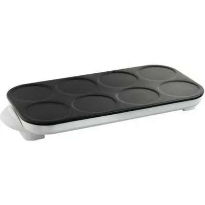 A white and black electric crepe maker with six circular indentations on a white background.