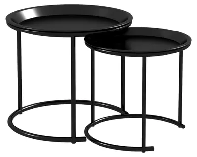 Produktbild von Rundes Couchtisch-Set 2er Set stapelbar für das Wohnzimmer mit abnehmbaren Tischplatten und Metallgestell in Schwarz