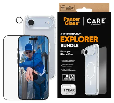 Zdjęcie produktu dla PanzerGlass ® | CARE™ by ® 3-in-1 Bundle iPhone Air, Apple, Apple - iPhone Air, Aplikacja na sucho, Odporny na zadrapania, Odporny na wstrząsy, Przezroczysty, 1 szt.