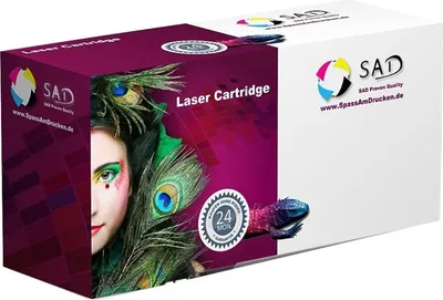 A product box for a laser toner cartridge, featuring a stylized image of a woman with peacock feathers and a lizard.