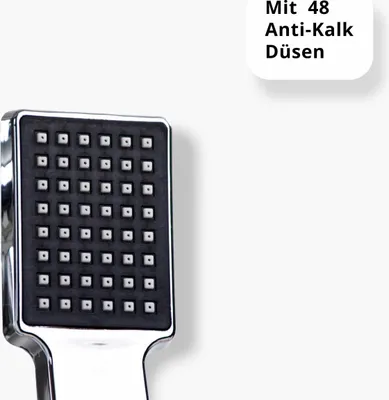 A close-up of a square shower head with multiple small nozzles, set against a white background. Text indicating features is present in the upper right corner.