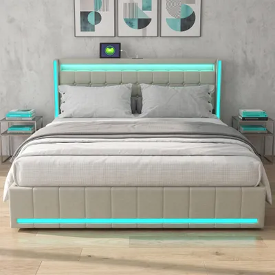Produktbild von INONEFT Doppelbett 140×190 cm, Polsterbett aus Leinen mit 4 Schubladen, Stauraumbett Jugendbett mit Lattenrost und LED, USB-Ladefunktion, Beige