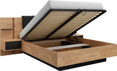 Produktbild von Bett mit Kommode und Nachttischen 160 x 200 cm - Mit LED-Beleuchtung - Farben: Natur und Anthrazit - ELYNIA