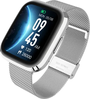 A smartwatch with a silver mesh band and a black screen displaying the time and health metrics.