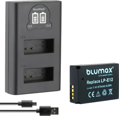 Produktbild von 1x Akku + LCD Lader für Canon LP-E12 EOS ,M200,M100, M50,EOS 100D 670 mAh (7,2V)