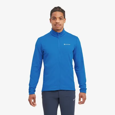 Blaues Protium Jacket von Montane; geeignet als Midlayer für Herren; mit Stehkragen und Reißverschluss.