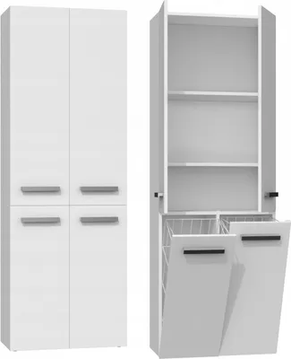 A white bathroom cabinet with two doors and two drawers, shown closed on the left and open on the right, revealing shelves and laundry baskets.