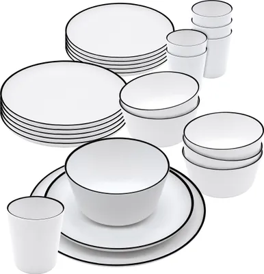 Produktbild von Melamin Campinggeschirr Service weiß - 24-teilig - Geschirr Set aus Teller Müslischale und Becher - Camping Geschirr für 4 Personen Campingzubehör spülmaschinengeeignet bruchsicher