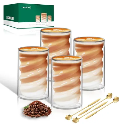 Immagine prodotto di Bicchieri da caffè a doppia parete, 4 pezzi da 400 ml, con cucchiaini, in vetro borosilicato, design a spirale