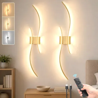 Image de Applique Murale Sans Fil 100cm Lot de 2 - Sur Batterie Rechargeable USB-C Variable 3000K-6000K avec Télécommande Or Salon