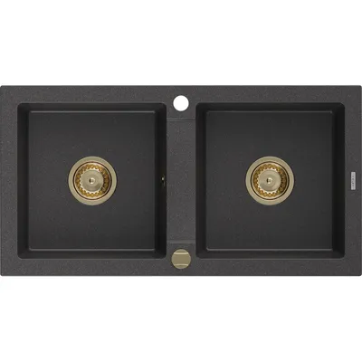Obrázek produktu pro Mexen Mario 2-miskový granitový dřez 820 x 436 mm, Skvrnitá černá, sifon Zlatá - 6504822000-76-G