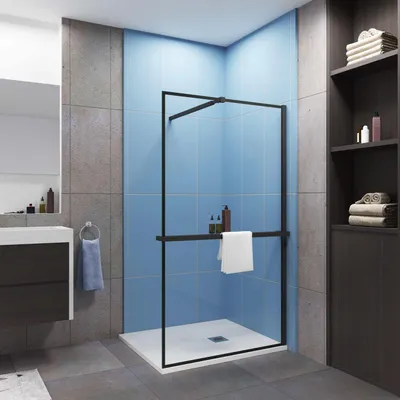 Produktbild von AICA 140x200cm Walk In Schwarz Aluminiumrahmen Duschwand mit Duschregal Handtuchhalter mit Flexiblen Stabilisator Duschabtrennung 8mm NANO Glass F084B
