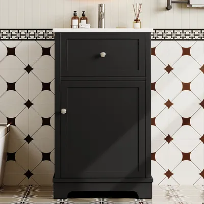 Produktbild von Flieks MDF-Waschtisch mit Auszugsschublade und verstellbaren Regalböden, Badezimmerschrank mit integriertem Waschbecken, Standschrank, Schwarz